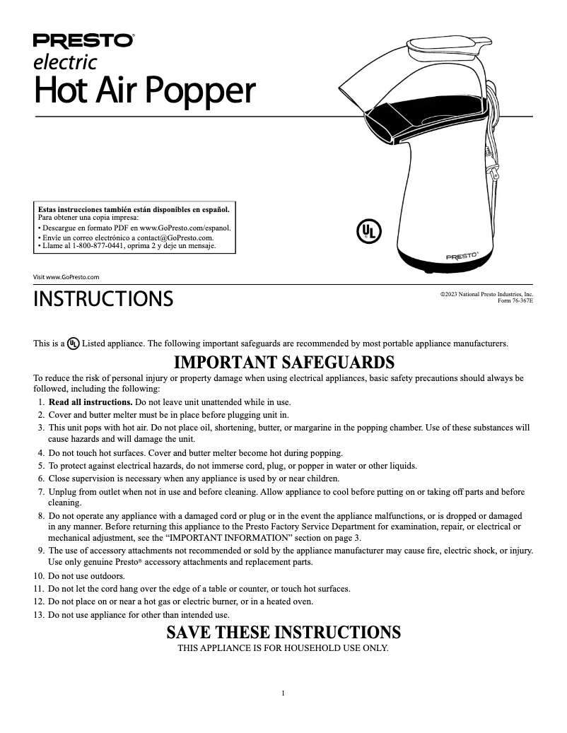 Page 1 de la notice Manuel utilisateur Presto PopLite 04869