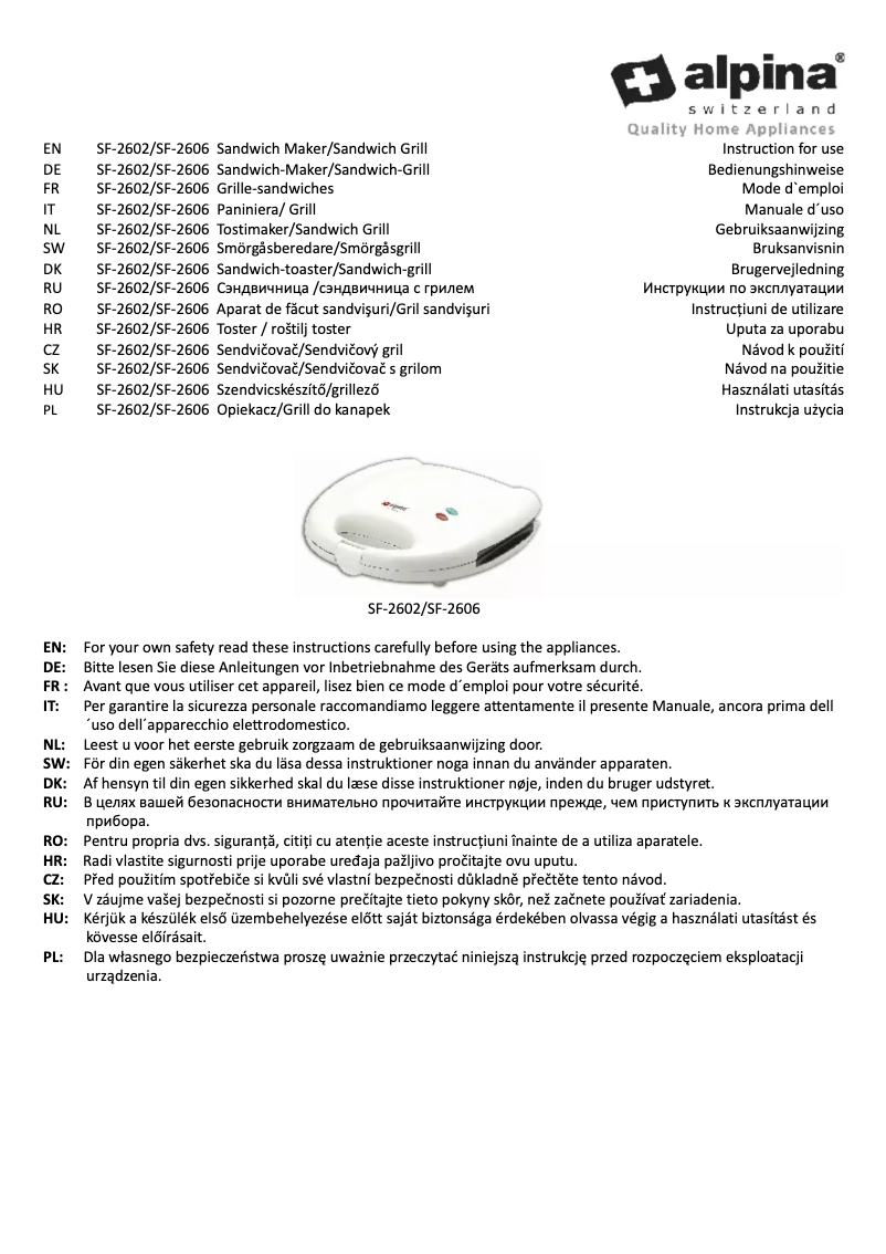 Page 1 de la notice Manuel utilisateur Alpina SF-2606