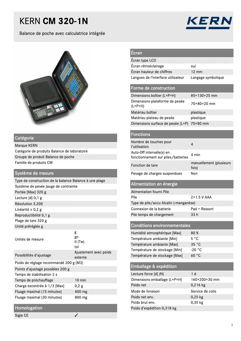 Page 1 of the manual Technical Sheet Kern CM 320-1N