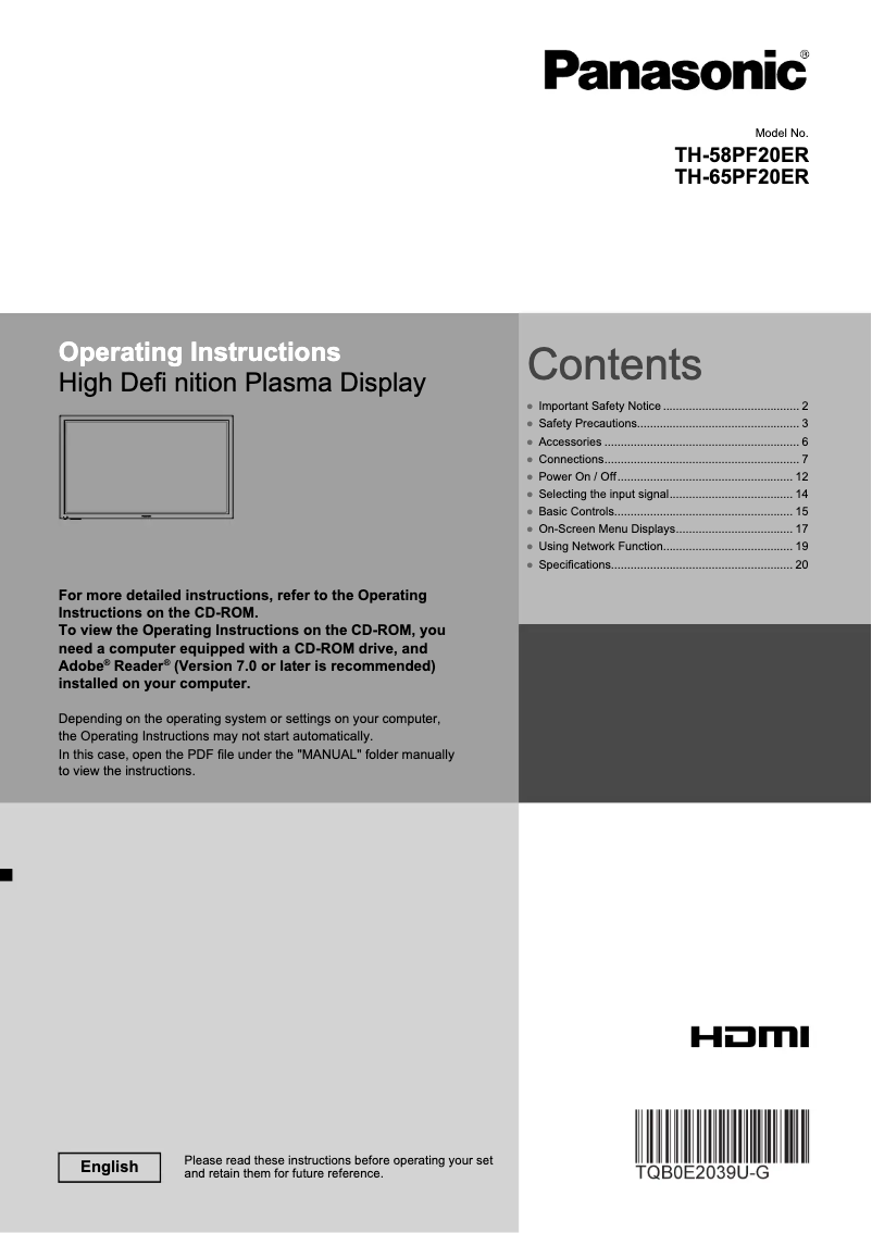 Page 1 of the manual User Manual Panasonic TH-58PF20ER