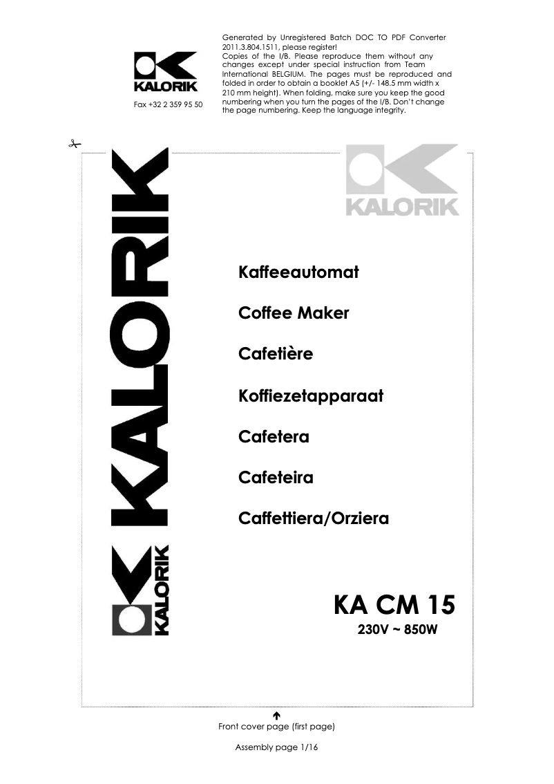 First page image of the manual for KA CM 15