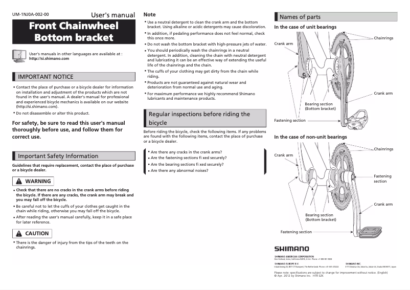 Page 1 of the manual User Manual Shimano SM-BB92-41B