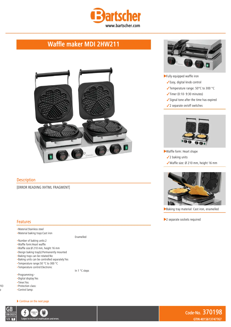 Page 1 of the manual Technical Sheet Bartscher MDI 2HW211