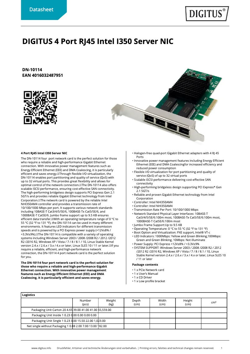 Page 1 of the manual Technical Sheet Digitus DN-10114