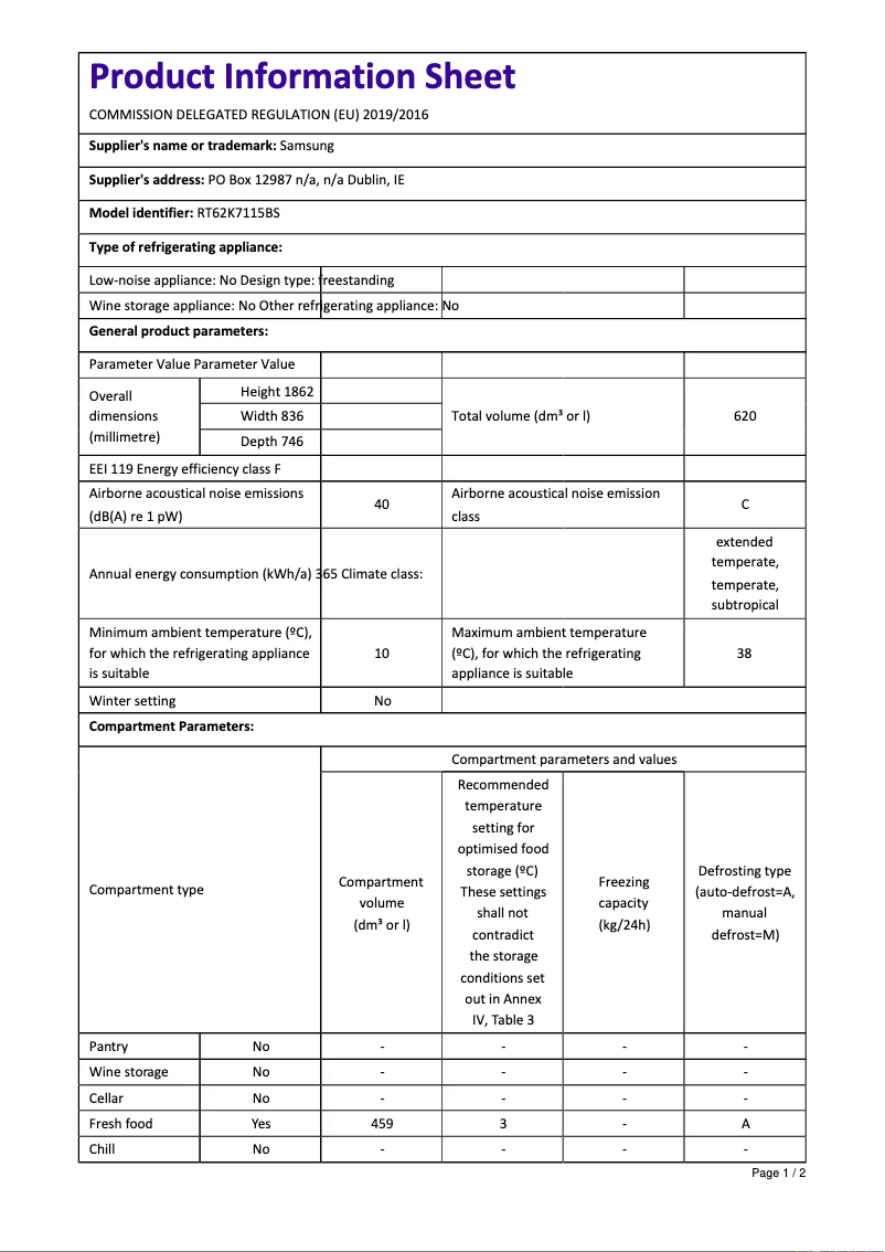 First page image of the manual for RT62K7115BS