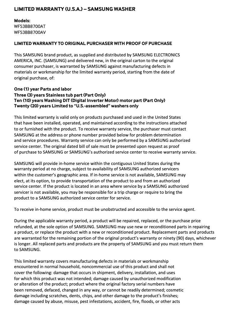 Page 1 of the manual Warranty Information Samsung WF53BB8700AV