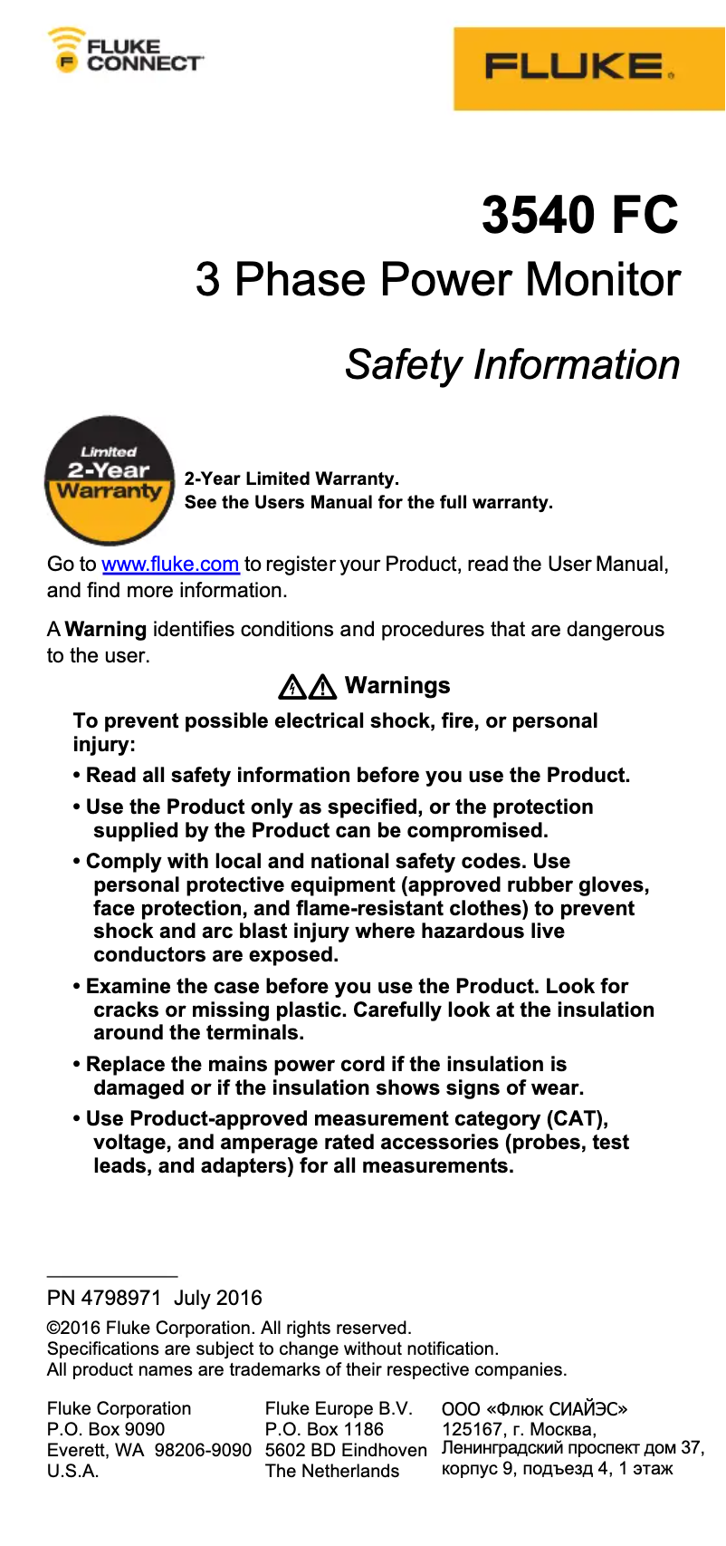 Page 1 of the manual Safety Instructions Fluke 3540 FC
