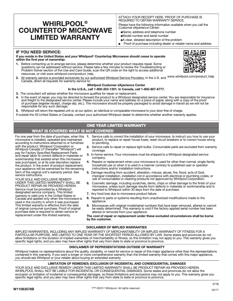 Page 1 of the manual Warranty Information Whirlpool WMC50522HB