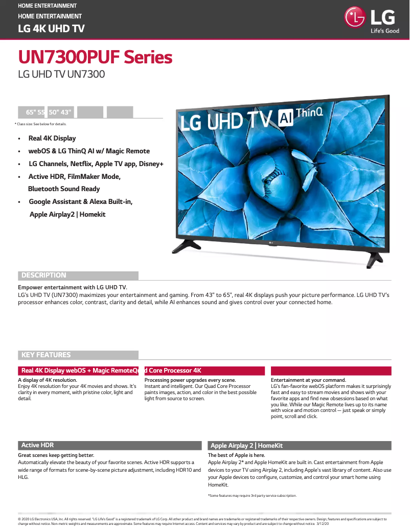 First page image of the manual for 55UN7300PUF