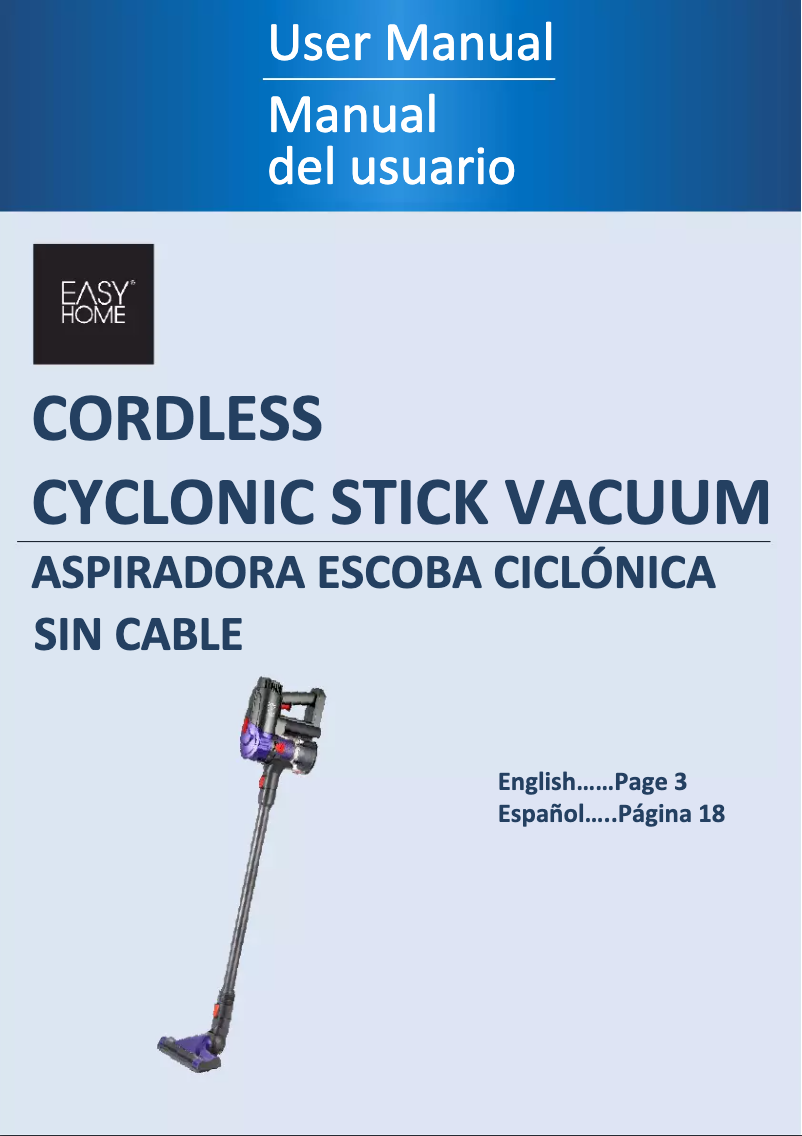 Page 1 of the manual User Manual Easy Home Cordless Cyclonic Stick Vacuum DV-888DC
