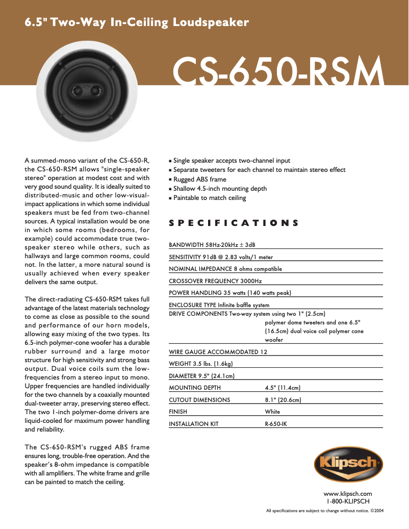 Page 1 of the manual Technical Sheet Klipsch CS-650-RSM