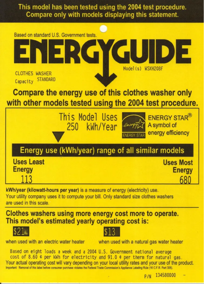 Page 1 of the manual Energy Label GE WSXH208FWW