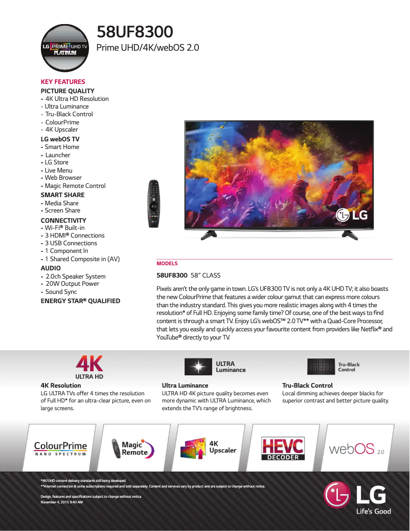 Page 1 of the manual Technical Sheet LG Prime 4K UHD Smart LED TV - 58"