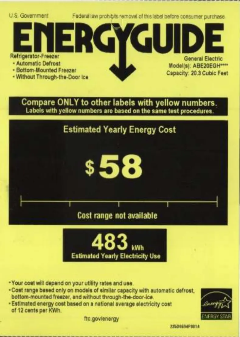 Page 1 of the manual Energy Label GE Artistry ABE20EGHBS