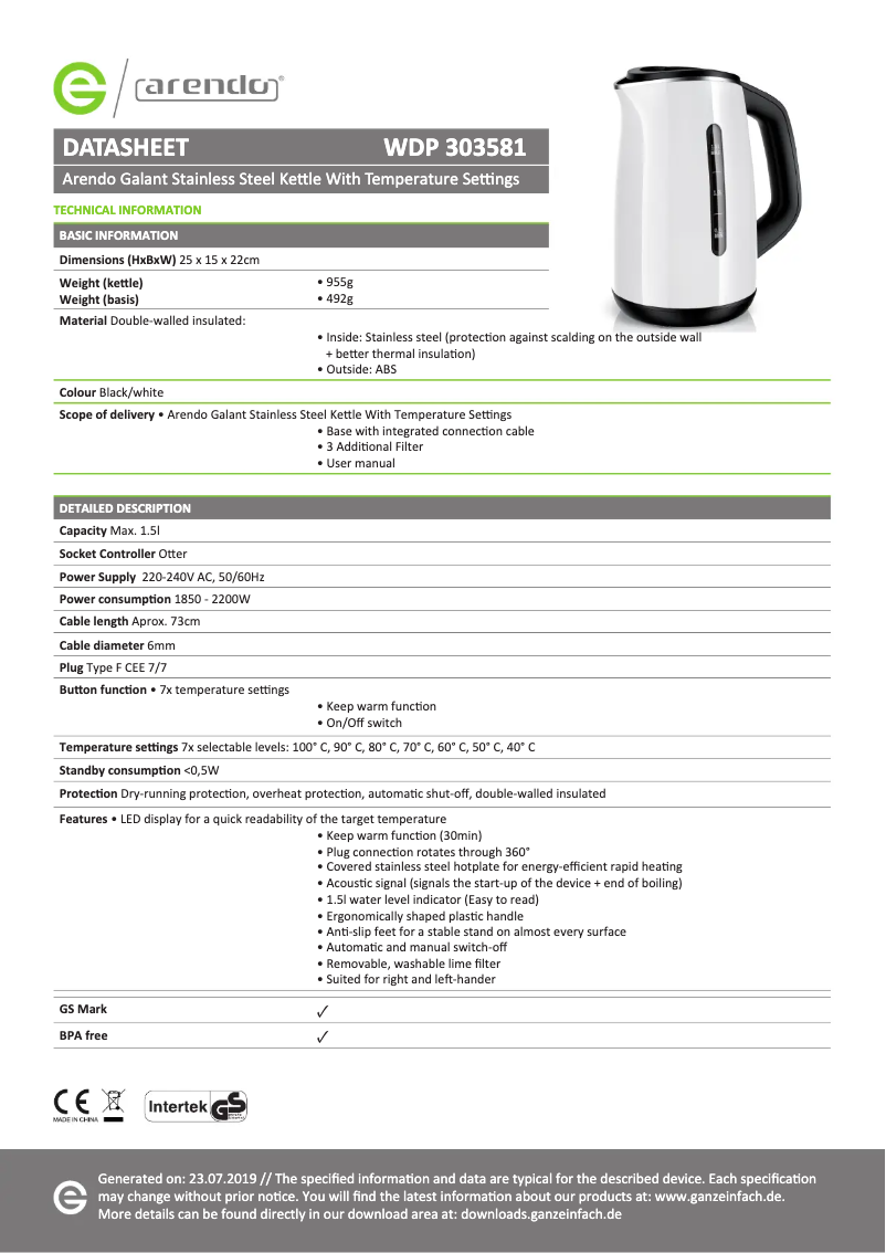Page 1 of the manual Technical Sheet Arendo 303097