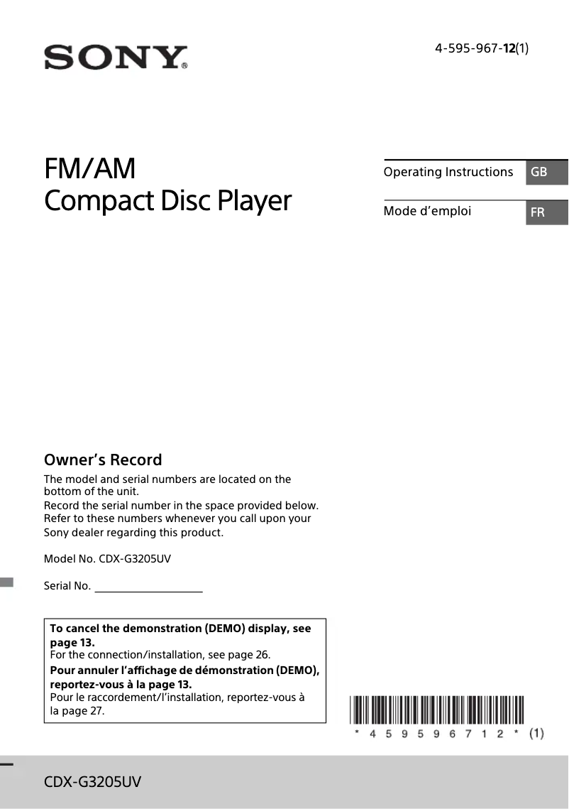 First page image of the manual for CDX-G3205UV