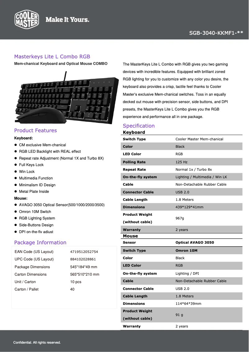 First page image of the manual for MasterKeys Lite L RGB Combo