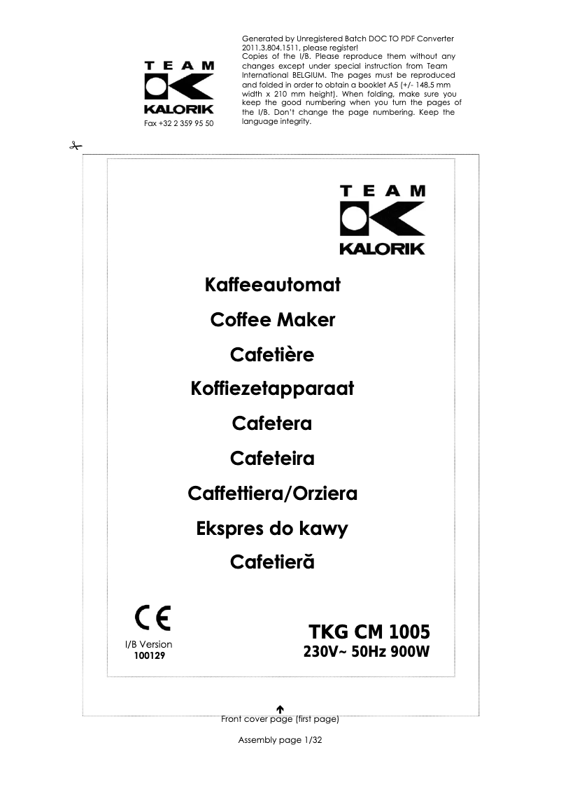 Page 1 of the manual User Manual Kalorik TKG CM 1005