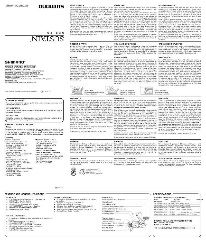 Page 1 of the manual User Manual Shimano Sustain 2500FB