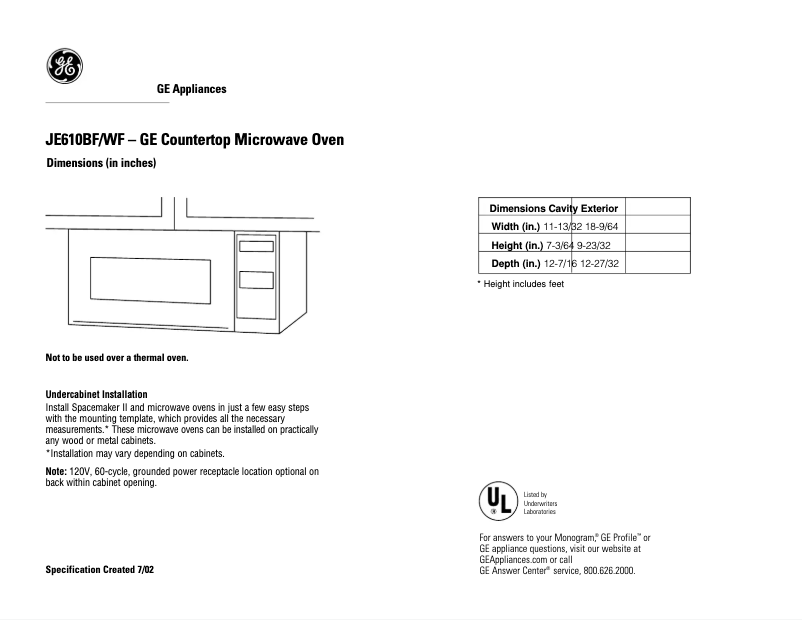 Page 1 of the manual Technical Sheet GE JE610BF
