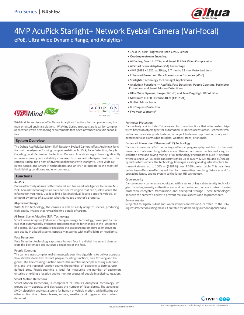Page 1 of the manual Technical Sheet Dahua Technology N45FJ6Z