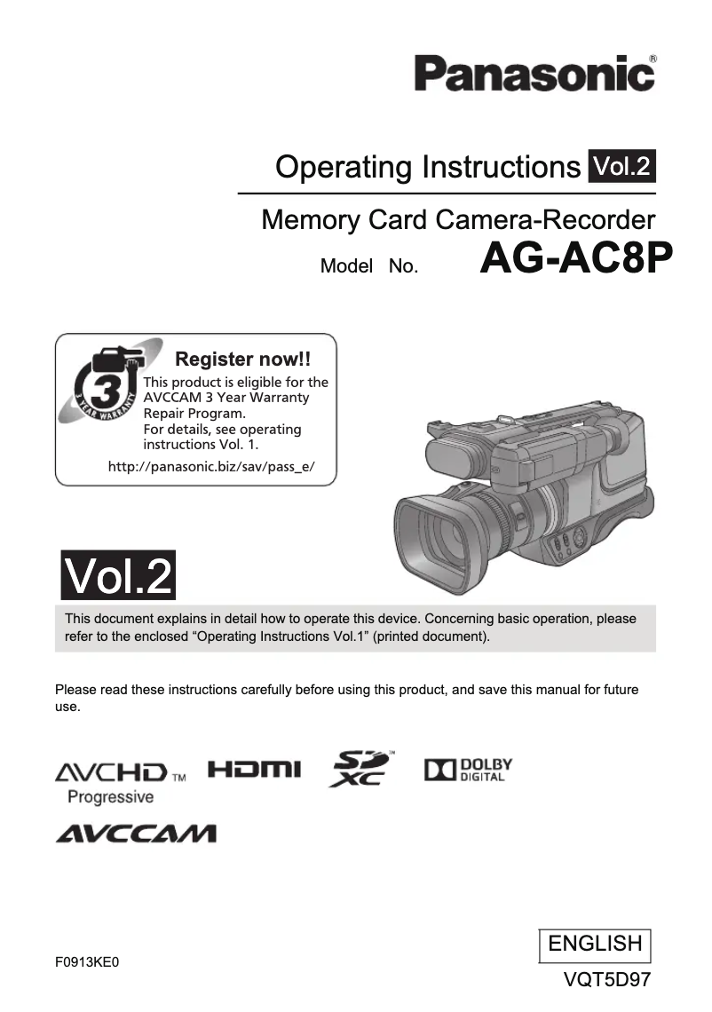 First page image of the manual for AVCCAM AG-AC8P