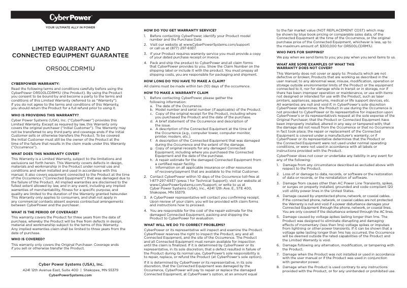Page 1 de la notice Informations de garantie CyberPower OR500LCDRM1U