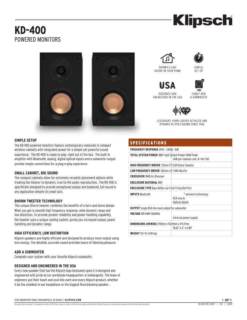 Page 1 of the manual Technical Sheet Klipsch KD-400