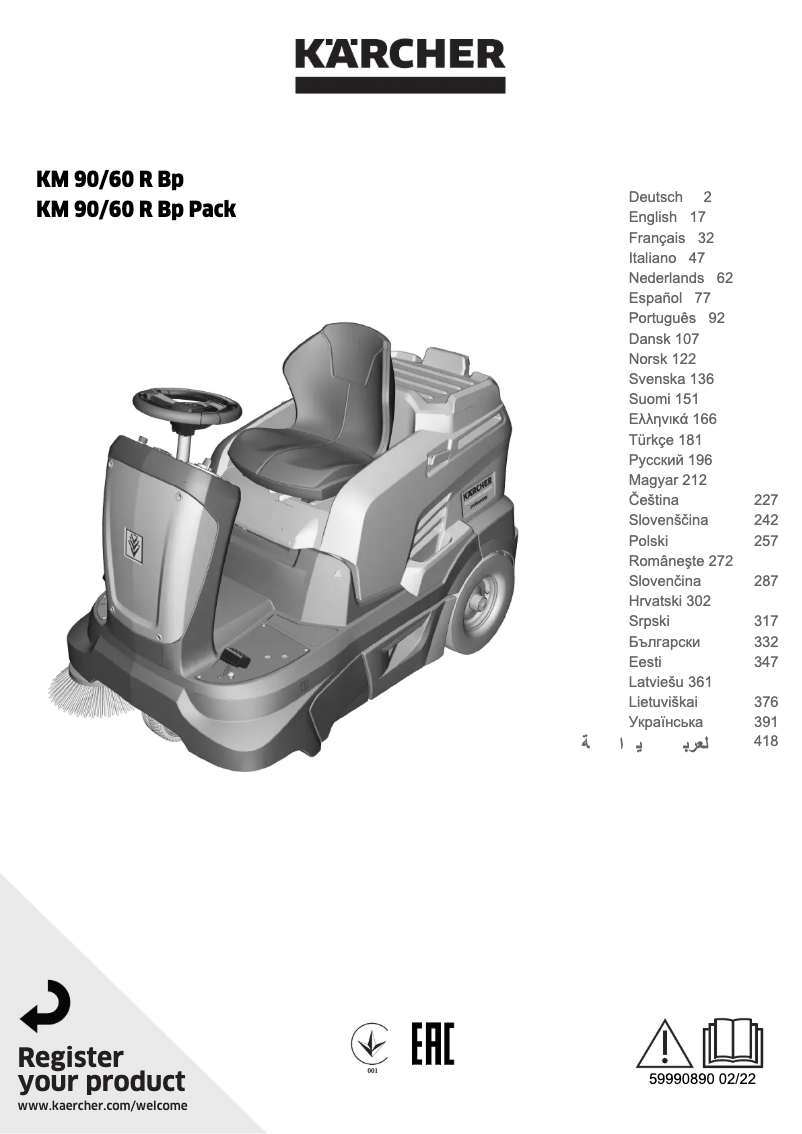 Page 1 de la notice Manuel utilisateur Kärcher KM 90/60 R Bp Pack