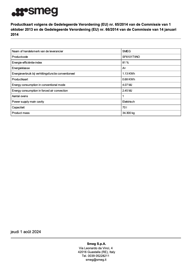 Page 1 of the manual Technical Sheet Smeg SF6101TVNO