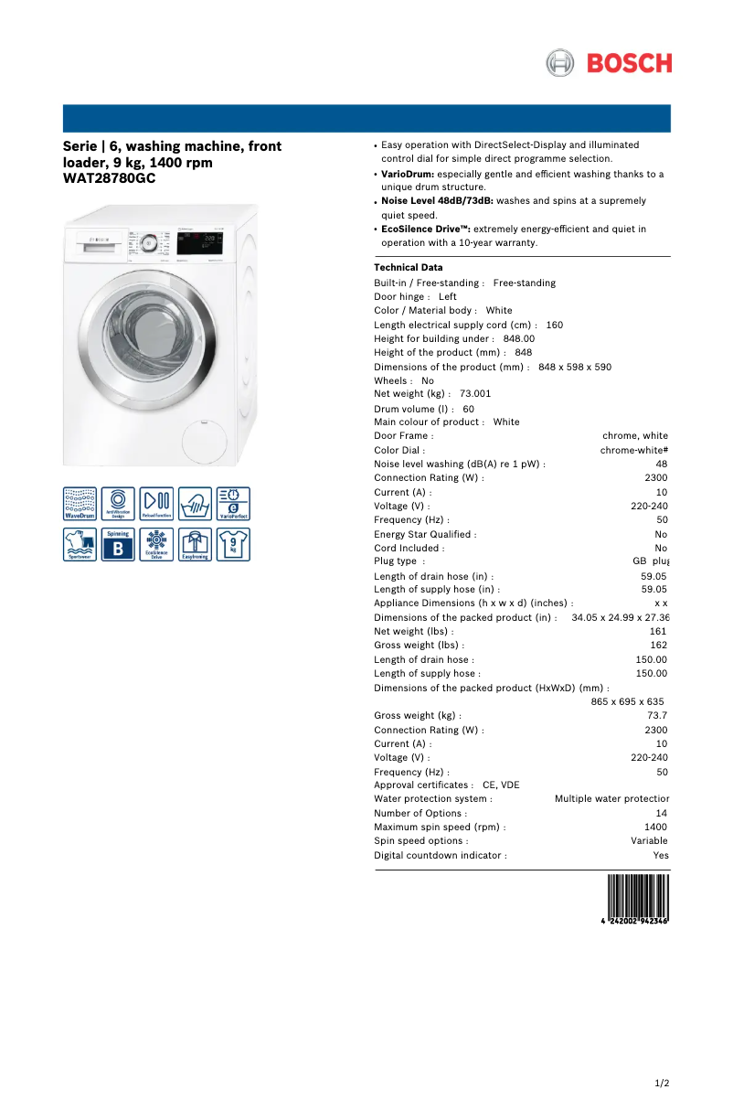 Page 1 of the manual Technical Sheet Bosch WAT28780GC