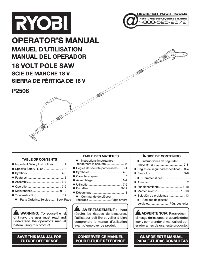Page 1 of the manual User Manual RYOBI One+ P2508
