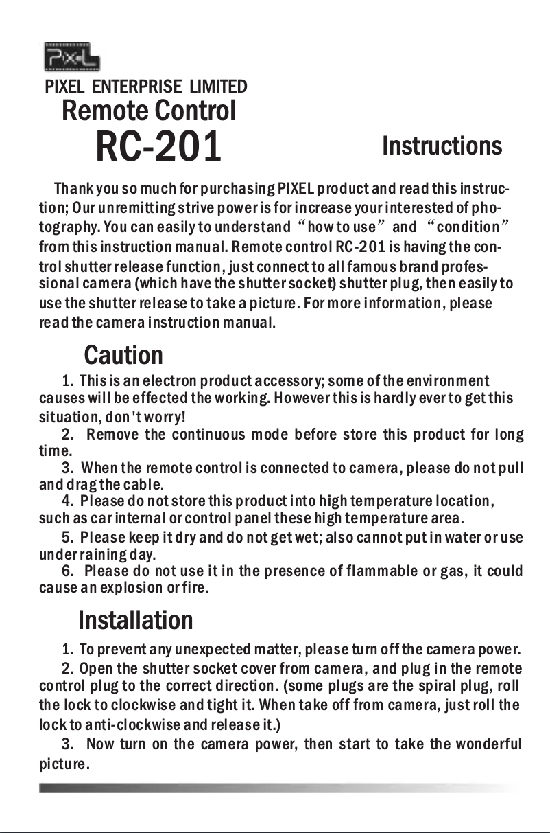 Page 1 of the manual User Manual Pixel RC-201