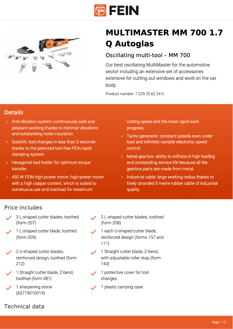 Page 1 of the manual Technical Sheet Fein Multimaster MM 700 1.7 Q Autoglas