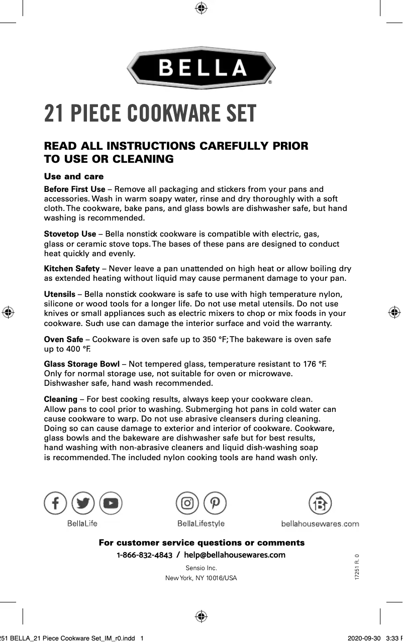 Page 1 of the manual User Manual Bella 21 Piece Cookware Set