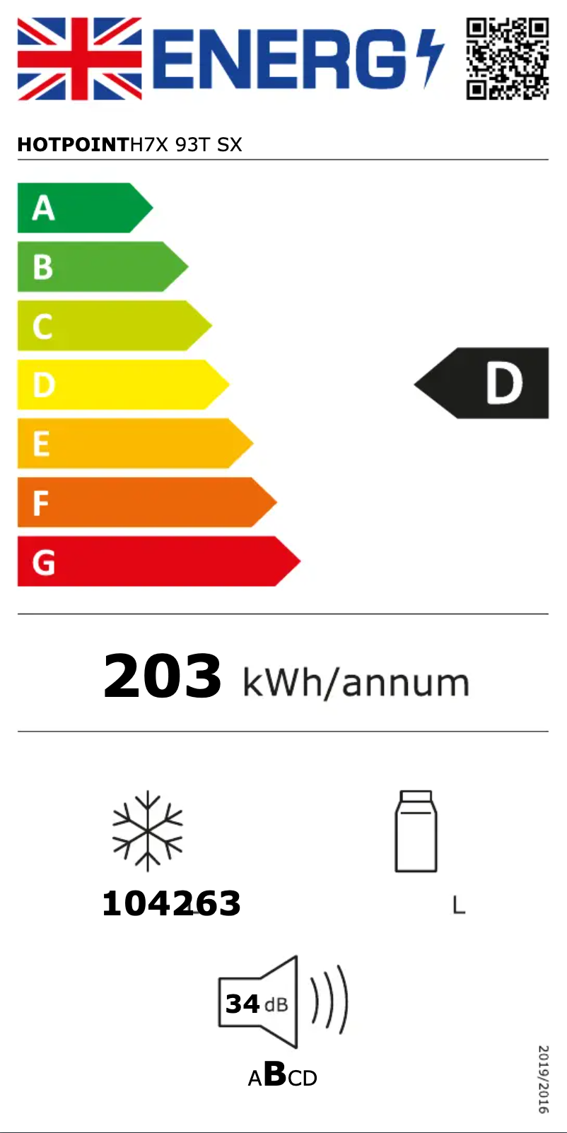 Page 1 of the manual Energy Label Hotpoint H7X 93T SX