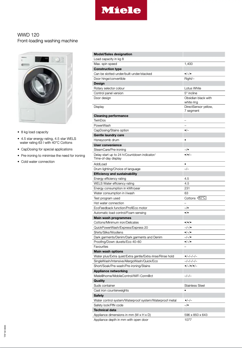 Page 1 of the manual Technical Sheet Miele W1 WWD120