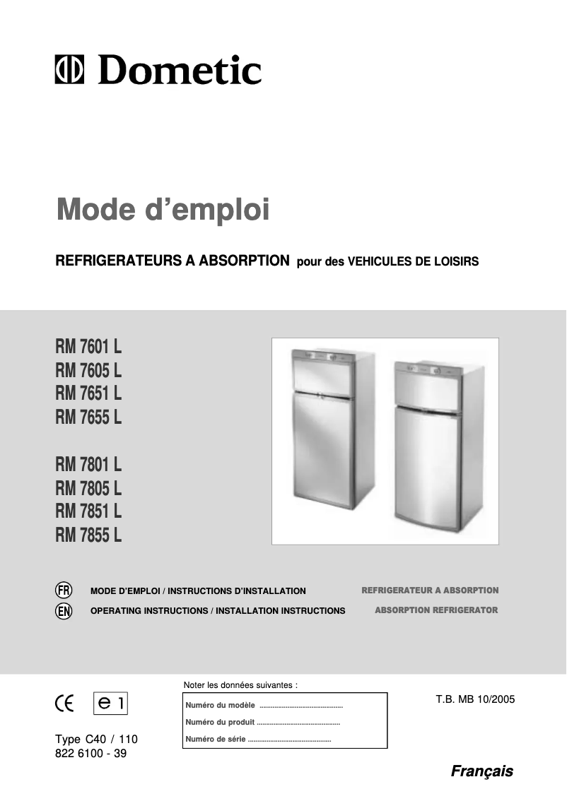 Page 1 de la notice Manuel utilisateur Dometic RM 7851 L