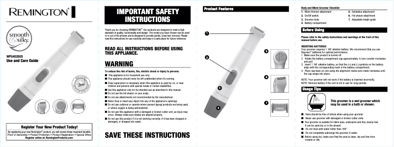Page 1 de la notice Manuel utilisateur Remington Smooth & Silky WPG4020US