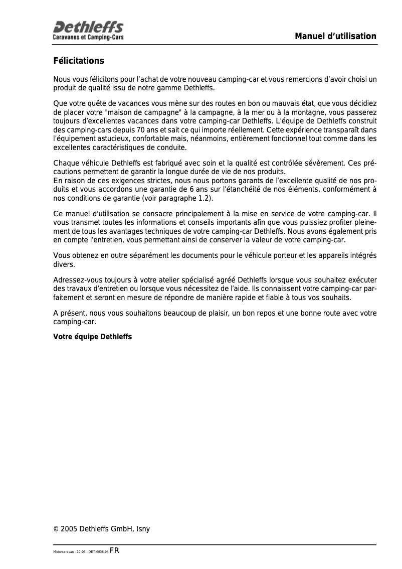 First page image of the manual for Motorhome (2006)