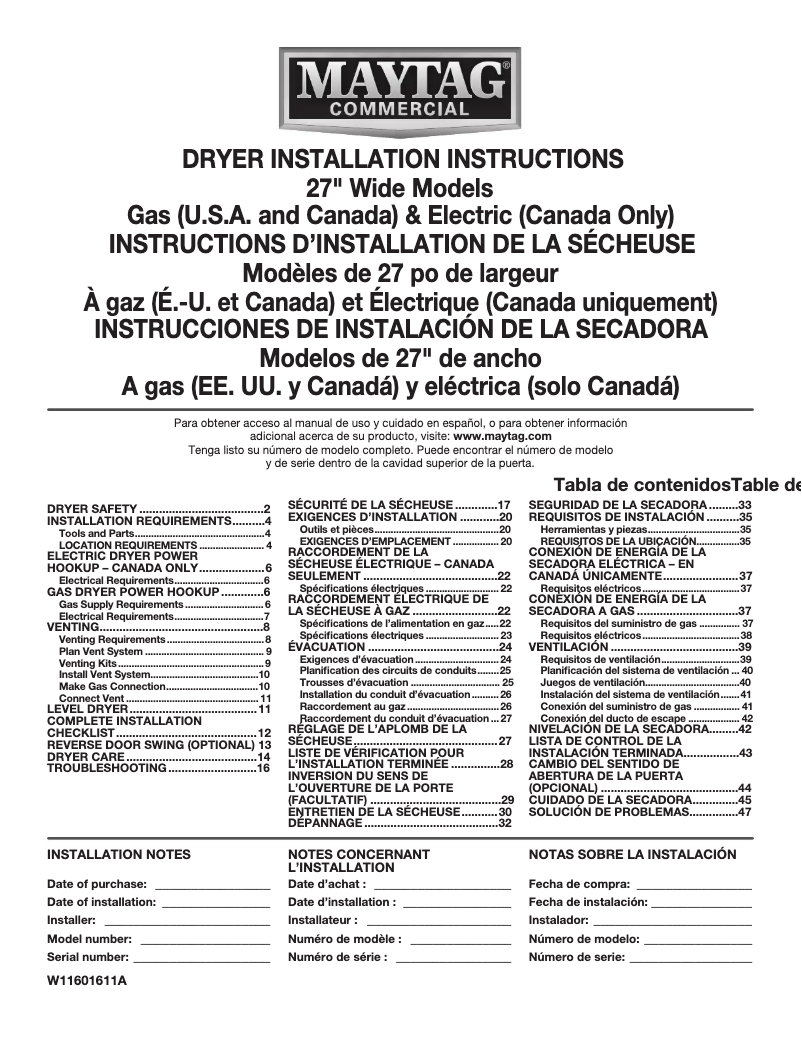 Page 1 of the manual Installation Guide Maytag MGDP586KW