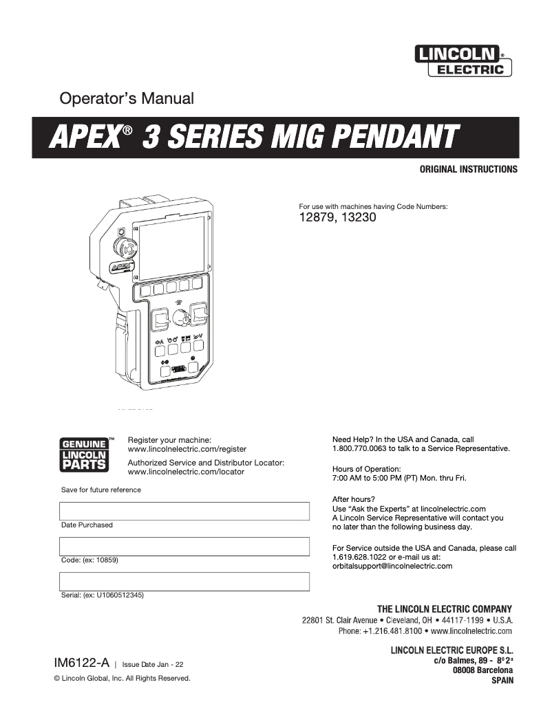 Page 1 de la notice Manuel utilisateur Lincoln Electric APEX 3 Series MIG Pendant