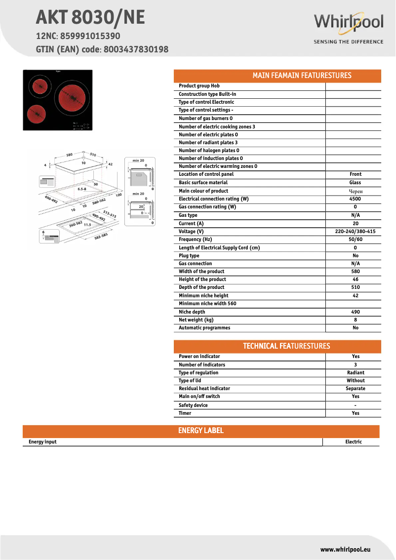 Page 1 of the manual Technical Sheet Whirlpool AKT 8030/NE