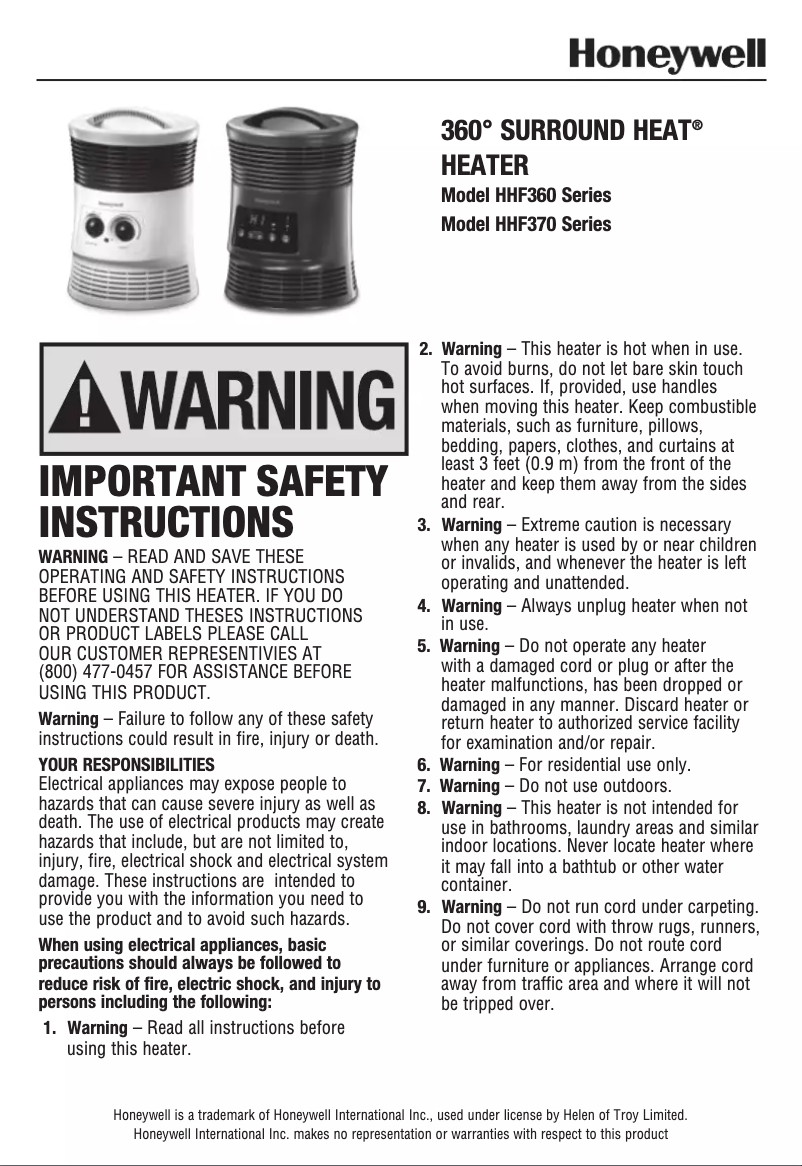 First page image of the manual for 360° Surround Heater HHF360W