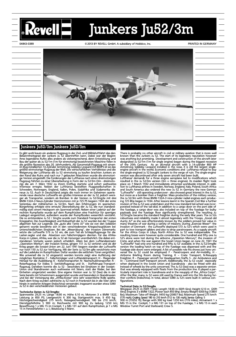 First page image of the manual for Junkers Ju52/3m