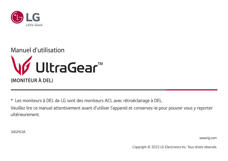 First page image of the manual for UltraGear  34GP63A