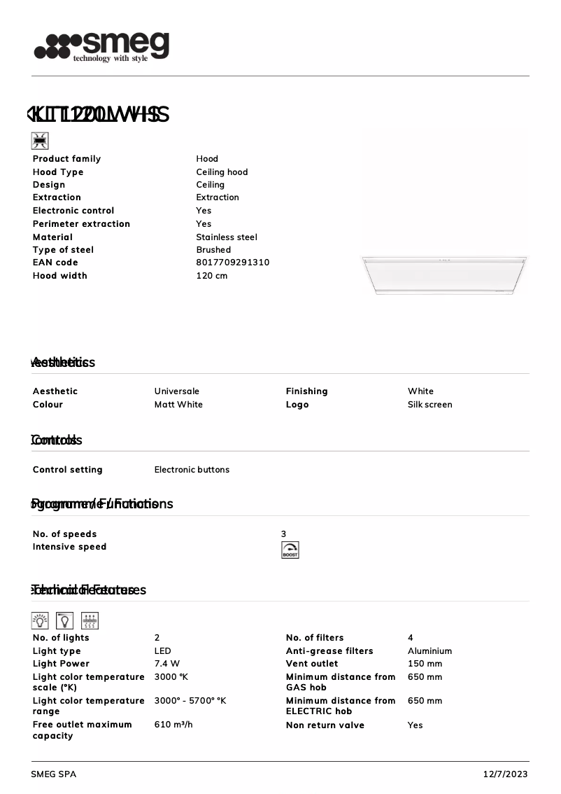 Page 1 of the manual Technical Sheet Smeg KLT120LWHS