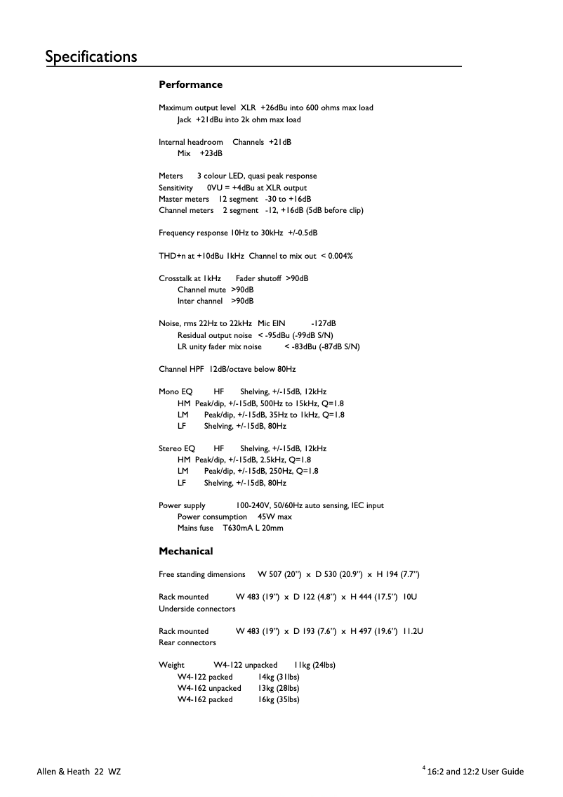 Page 1 de la notice Fiche technique Allen & Heath MIXWIZARD WZ4 16:2