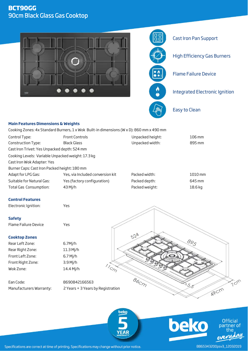 Page 1 of the manual Technical Sheet Beko BCT90GG