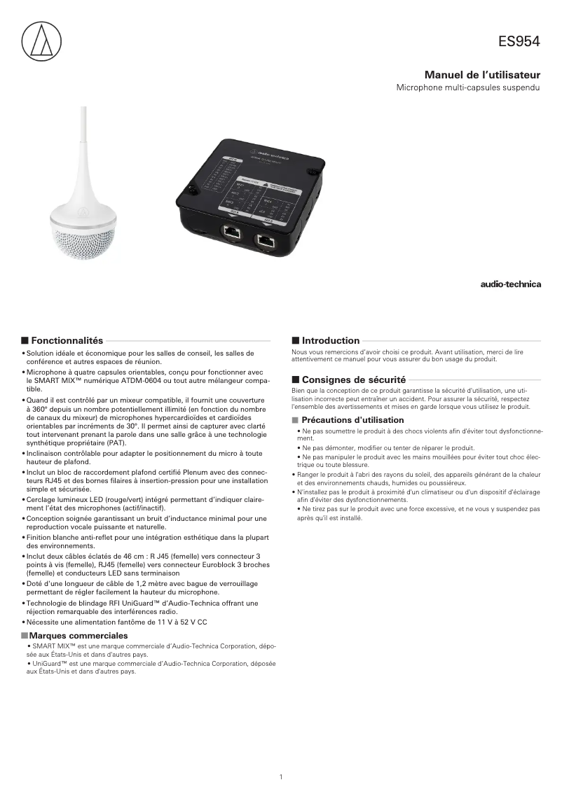 Page 1 de la notice Manuel utilisateur Audio-Technica ES954